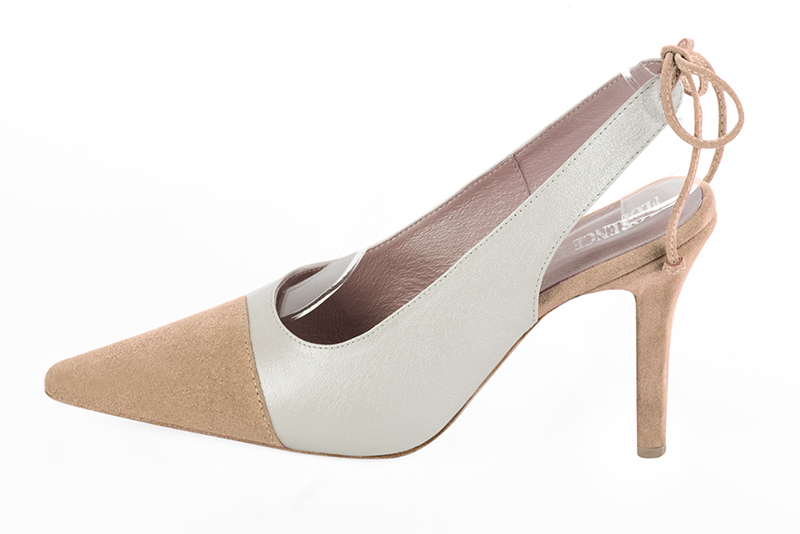 Biscuit beige and pure white women's slingback shoes. Pointed toe. High slim heel. Profile view - Florence KOOIJMAN